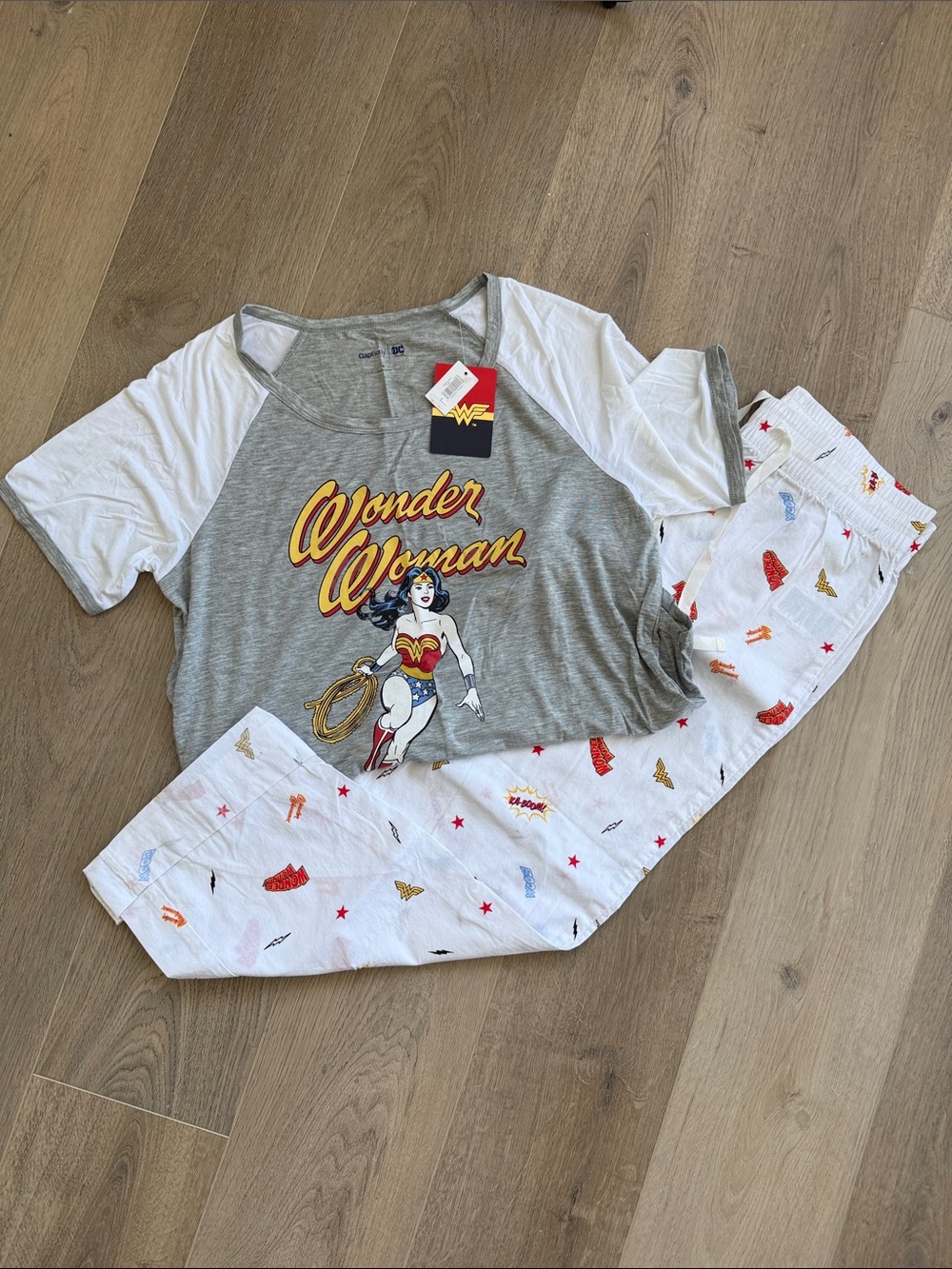 GAP Wonder Woman Grey & White Pajama Set with Red and Yellow Accents